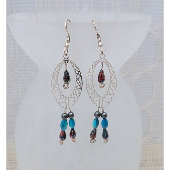 Silver Toned Chandelier Earrings, Hematite Jewelry, Long Dangle Earrings Women - Picture 1 of 9
